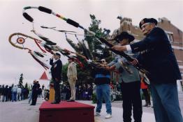 About 100 Aboriginal veterans were honoured at the RCMP training grounds on June 6, 1995: World War II veteran Gordon Ahenakew on podium; Howard Anderson (foreground right) and Greg Rainville with traditional eagle staffs. Don Healy (Regina Leader-Post)