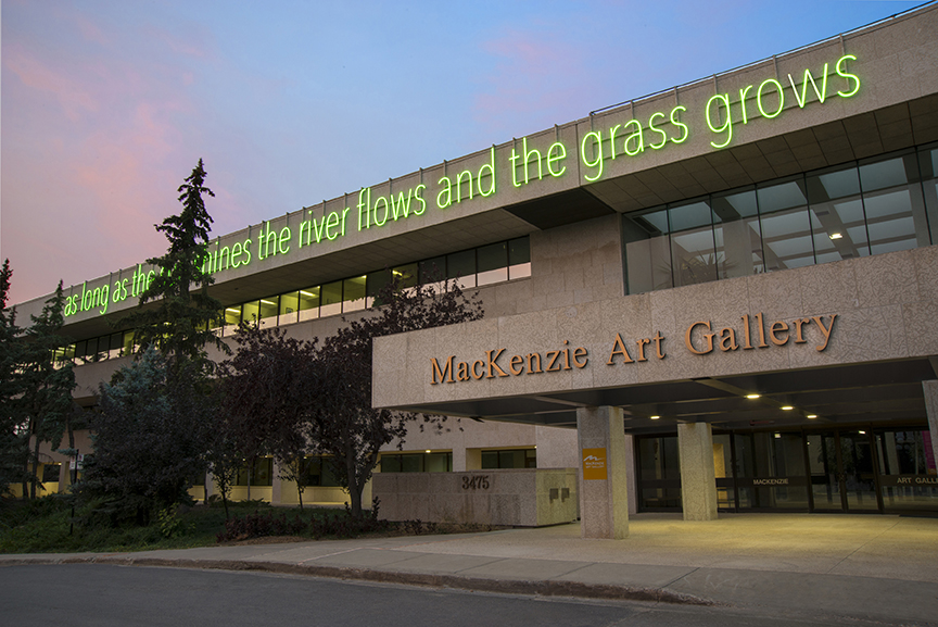 Image of Duane Linklater's sculpture Kâkikê / Forever on the facade of the TC Douglas building, Regina