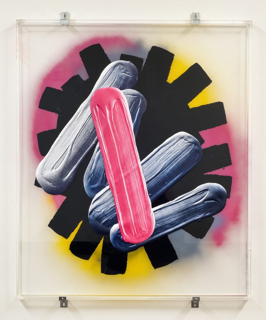 Large, abstract brushstrokes in pink, white, yellow and black painted on plexiglass