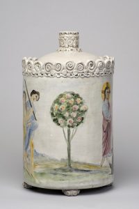 Scene from the Resurrection of Lazarus painted on the side of a ceramic lidded vessel, with a tree in the centre