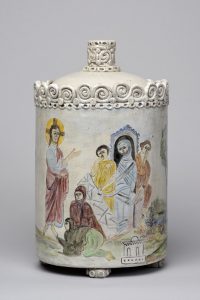 Scene from the Resurrection of Lazarus painted on the side of a ceramic lidded vessel
