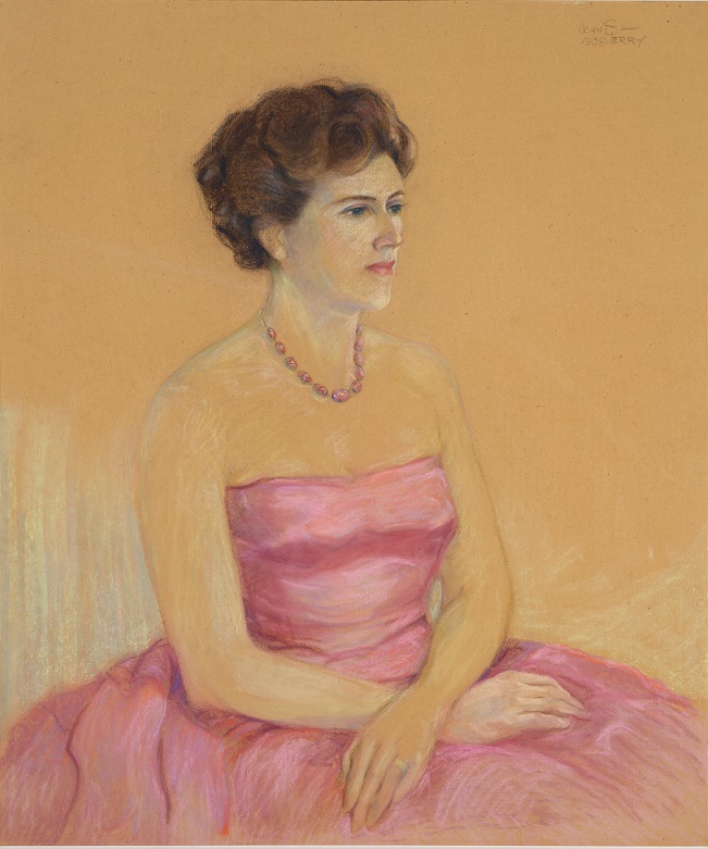 Pastel portrait of a young Jacqui Shumiatcher in a pink. strapless gown