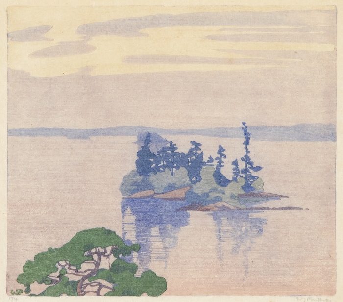 Image in transparent colours of pink, lilac and blue of a small island in the middle of a serene lake. A green, leafy tree is featured in the foreground.
